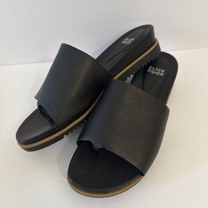 Eileen Fisher Koha Tumbled Black Leather Wedge Sandals Shoes Women’s Sz 8.5 New